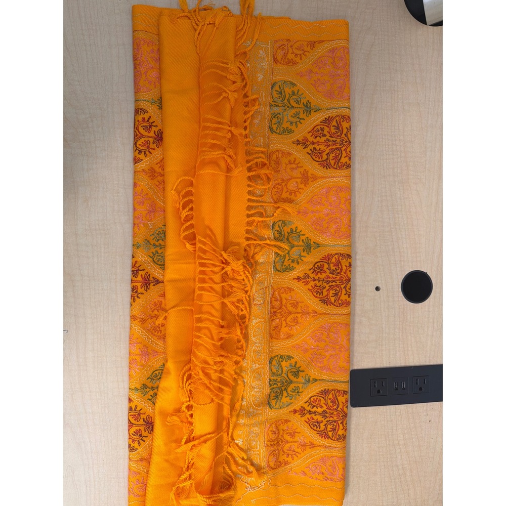 Orange Embroidered Pashmina Shawl Scarf Paisley Floral Fringe Wrap Gold Accents